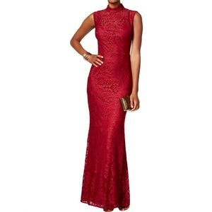 Red lace mock neck backless gown